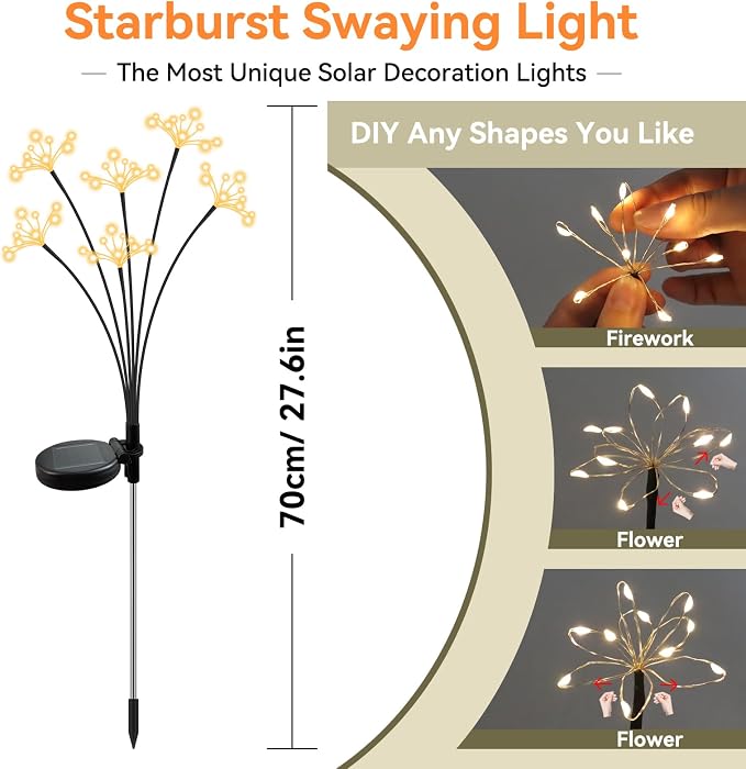 Solar Garden Lights 2 Pack Waterproof Solar Swaying Starburst Light Outdoor Lights for Yard Patio Walkway Pathway Party Wedding Christmas Decoration, Warm White