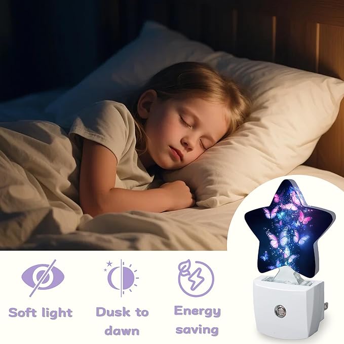 Flying Butterflies Night Lights Plug Into Wall,Glowing Stars Dusk to Dawn Light Sensor Night Light for Kids,Energy Efficient Sleep Friendly Lamp for Bedroom Bathroom Nursery
