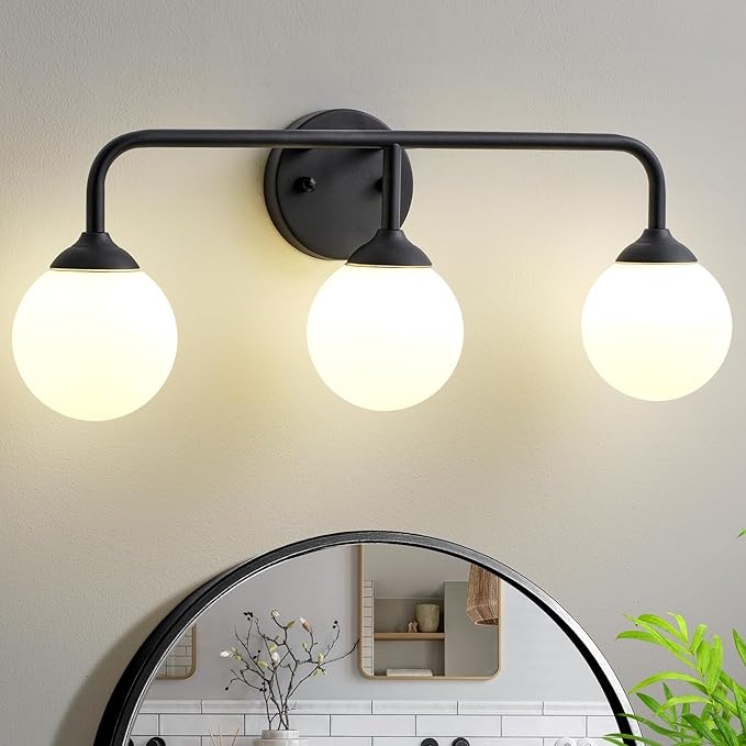 Bathroom Light Fixtures - 3 Light Brushed Brass Vanity Light Over Mirror for Bathroom Mirror Living Room Bedroom, Black Bathroom Wall Sconce with Frosted Glass Shade, 3 G9 Bulbs Included