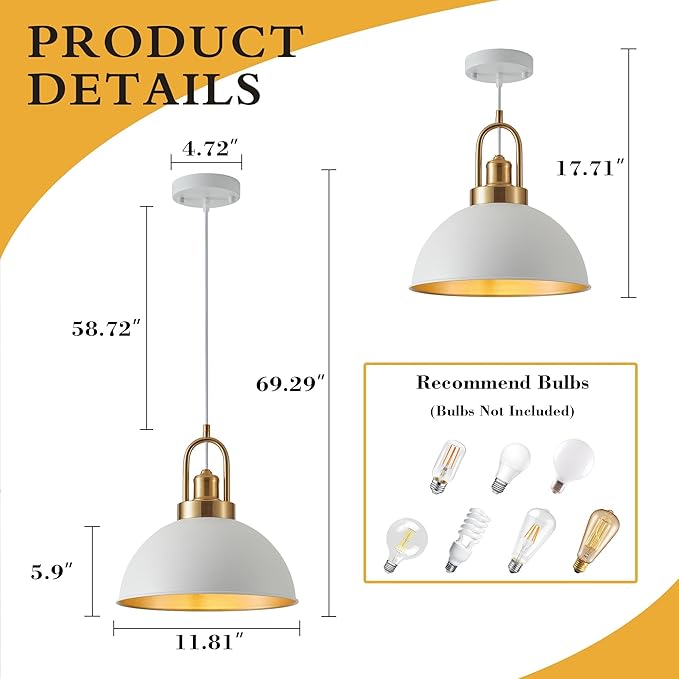 Farmhouse 11.81" White Pendant Light with Gold Finish, Industrial Metal Hanging Lighting Fixtures, Adjustable Height Dining Room Chandelier for Kitchen Island Hallway and Foyer 2 Pack