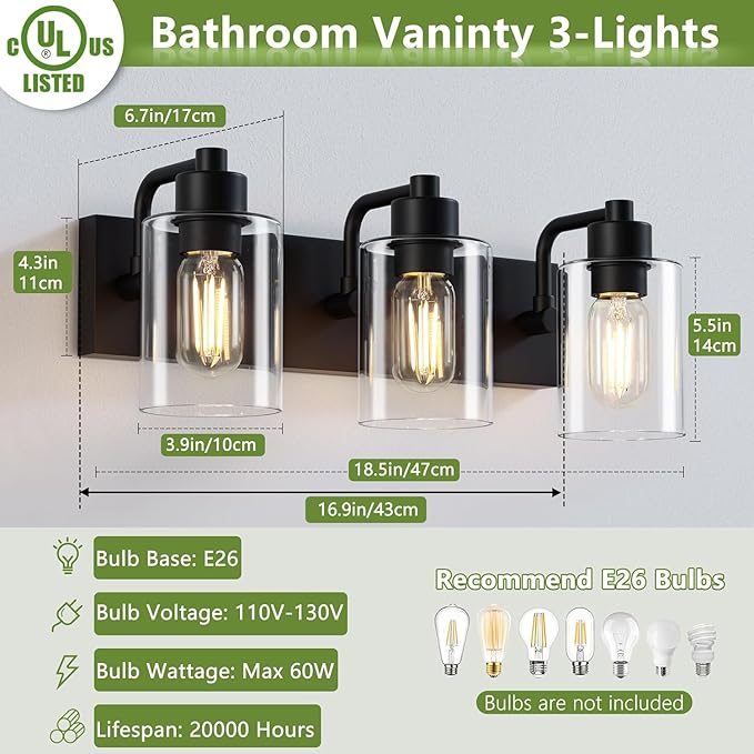 Dpyrrhic Bathroom Light Fixtures,Matte Black 3-Light Bathroom Lights Over Mirror with Clear Glass Shade,Wall Sconces for Kitchen Living Room Bedroom