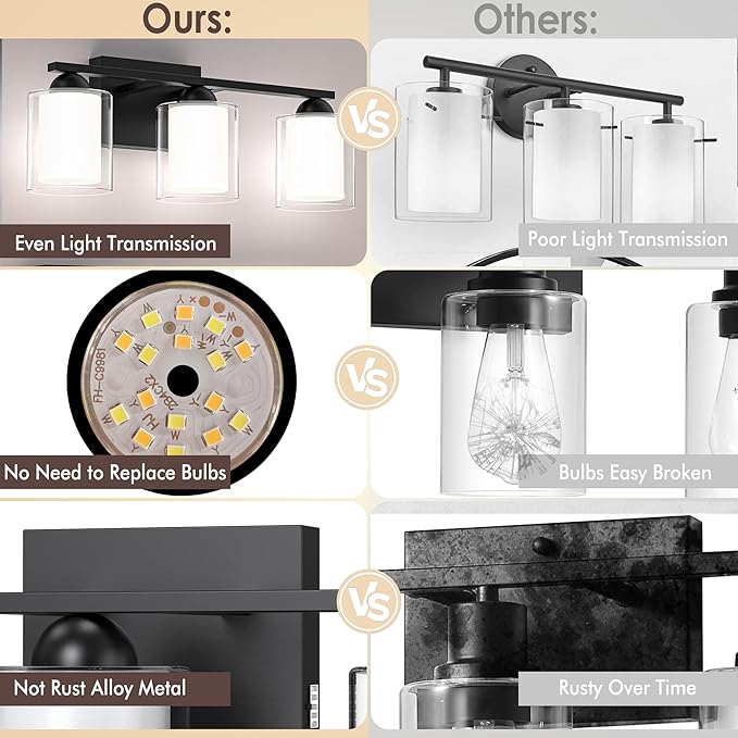 Quntis Black Bathroom Lighting Fixtures Over Mirror with 5 Color Modes, 3 Light Dimmable LED Bathroom Vanity Light, with Eye Care Milk White Frosted Glass, 21W Energy Saving, 16 Inch (Bulbs Included)