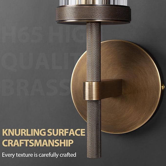 19.5" Knurled Brass Wall Sconce with Vertical Striped Glass Tube, Bronze Bathroom Vanity Light Fixtures, Modern Lamp Lighting for Bedroom, Living Room, Hallway, Staircase, Mirror, Kitchen