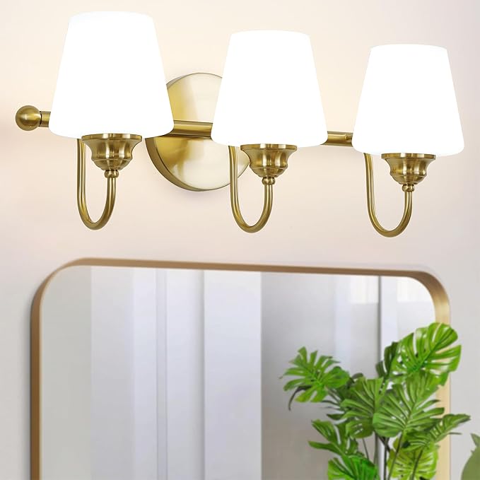 LASENCHOO 3 Lights Bathroom Vanity Light Vintage Bathroom Lighting Fixtures Over Mirror, Brass Wall Sconce Modern Wall Lights for Bedroom Living Room Hallway with Milky Glass Shade, E12 Socket
