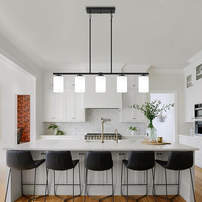 Modern Island Lights for Kitchen 5-Light Black Dining Room Light Fixtures Over Table Glass Penadnt Lights Adjustable Hanging Kitchen Island Lighting Linear Farmhouse Chandelier Over Island