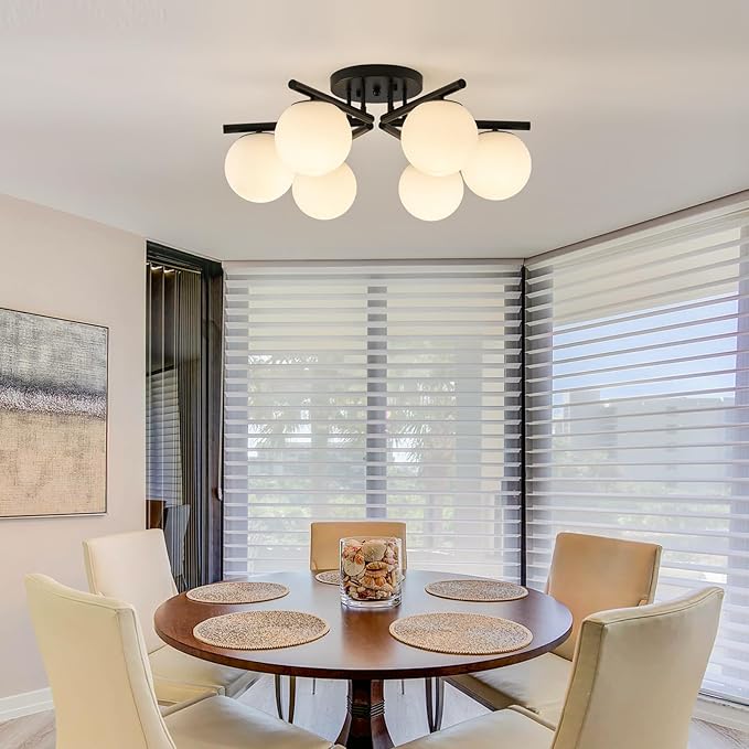 6-Light Sputnik Ceiling Light Fixture, Semi Flush Mount Ceiling Light with Milk Glass Globes, Black Mid Century Modern Chandelier for Living Room Bedroom Dining Room Hallway