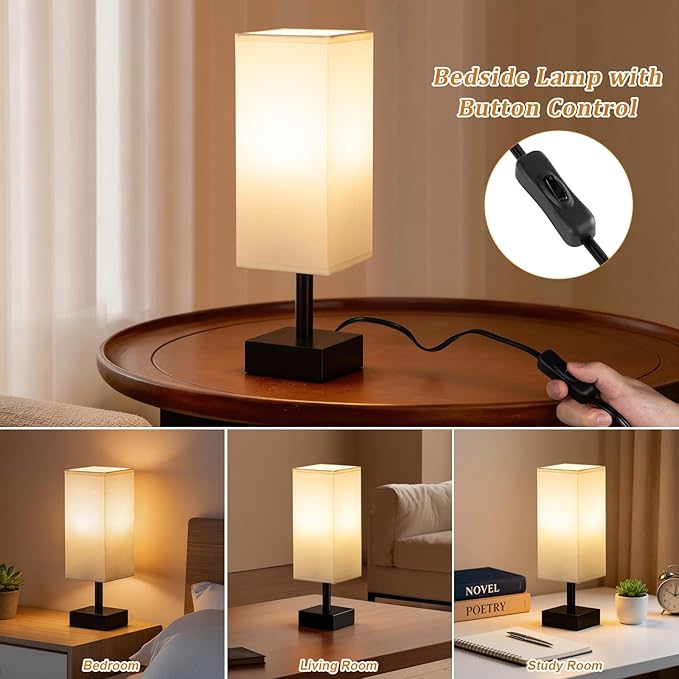Bedside Lamp for Bedroom with White Shade, Small Lamp for Living Room,End Table, Button Switch(Bulb not Included)