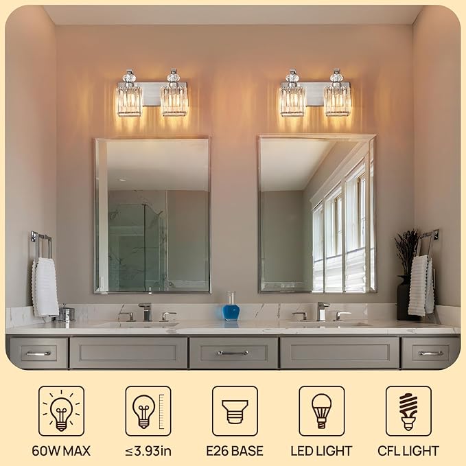 Modern Bathroom Vanity Light, 2-Light Nickel Bathroom Lighting Fixtures Over Mirror, 12.6" Crystal Wall Light Sconce for Bathroom/Bedroom/Vanity, Includes LED Bulbs, Easy Installation