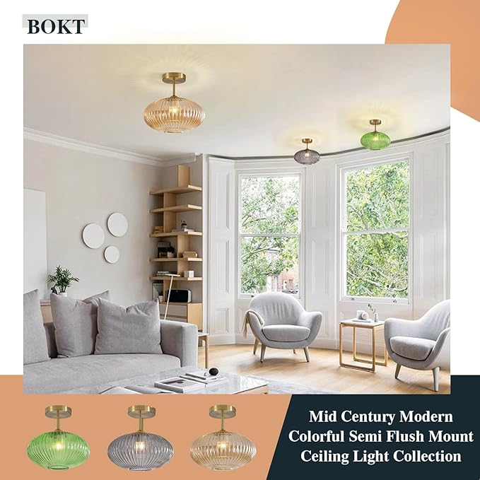 BOKT Vintage Brushed Brass Semi Flush Mount Ceiling Light Amber Ribbed Glass Pendant Light Mid Century Modern Gold Close to Ceiling Light Fixture for Indoor Use 9.8"