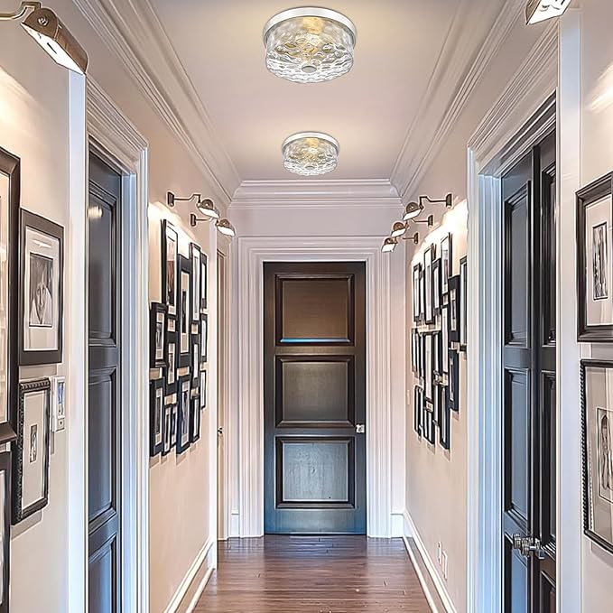 Flush Mount Ceiling Light with Water Ripple Glass Shade, Modern 2-Light Ceiling Light Fixtures, Brushed Nickle Finished Ceiling Lighting for Kitchen Halway Living Room Bedrrom Entryway