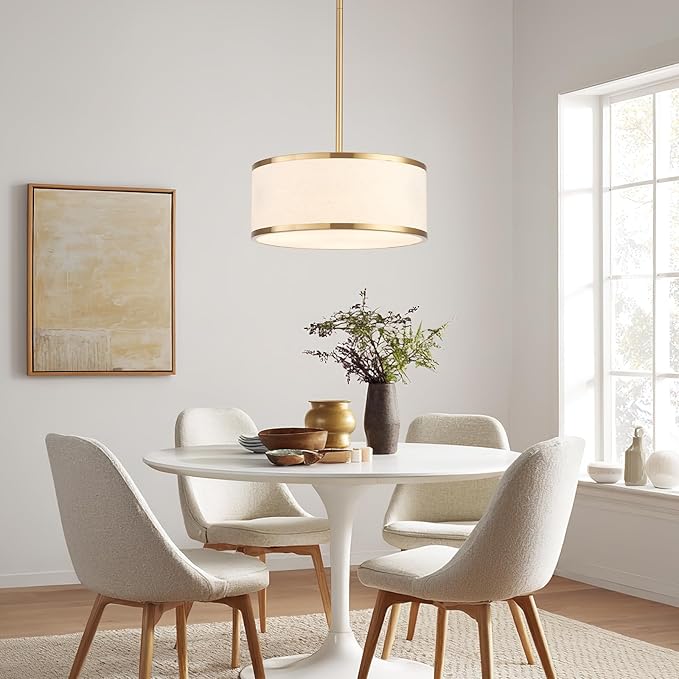 12.6" Drum Pendant Light Fixture 3-Light Gold Chandelier with Fabric Shade for Kitchen Dining Room Island Bedroom