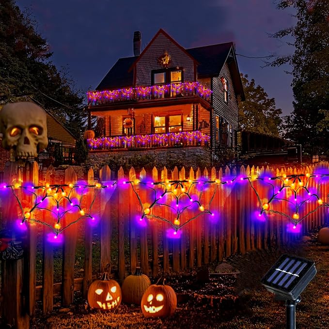 Halloween Spider Web Lights Outdoor, Solar Light up Cobweb String Lights with 60LED Purple&Orange Lights, Spiderweb Curtain Fairy String Lights for Halloween Decorations Fireplace Proch Window Garden