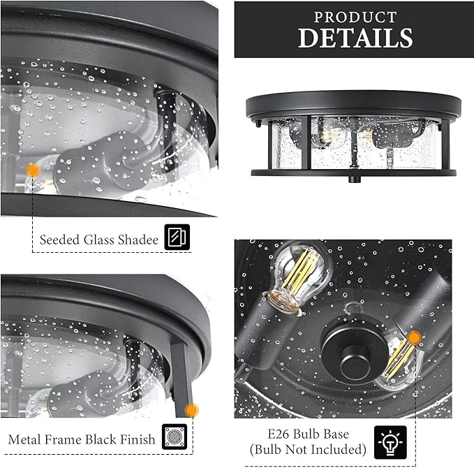 Black Ceiling Light Fixtures Flush Mount Light, 2 Bulb with Glass Flush Mount Ceiling Lights Fixture Bedroom, Indoor Outdoor Ceiling Lights for Porch Hallway Kitchen