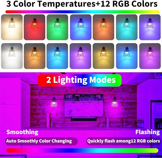 Boho Battery Operated Wall Sconces, Rattan Wall Sconce Set of 2 with Remote, RGB 15 Colors Dimmable Rechargeable Wall Light, Black Indoor Wireless Wall Lamp, Farmhouse Rattan Wall Lighting for Bedroom