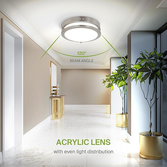 ASD LED 12" Round Flush Mount Lighting, Close to Ceiling Light Fixture | 3CCT, Dimmable, Battery Backup, ETL Listed | 20W 1876LM 3000-5000K 100-277V | Low Profile Double Ring Lamp | Nickel