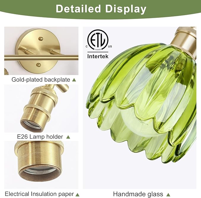 Vintage Bathroom Light Fixtures,2-Light Hardwired Vanity Lights with Green Tulip Glass Shade,Gold Bathroom Vanity Light for Mirror Restroom,E26 Socket,14.57 in(Bulbs Not Included)