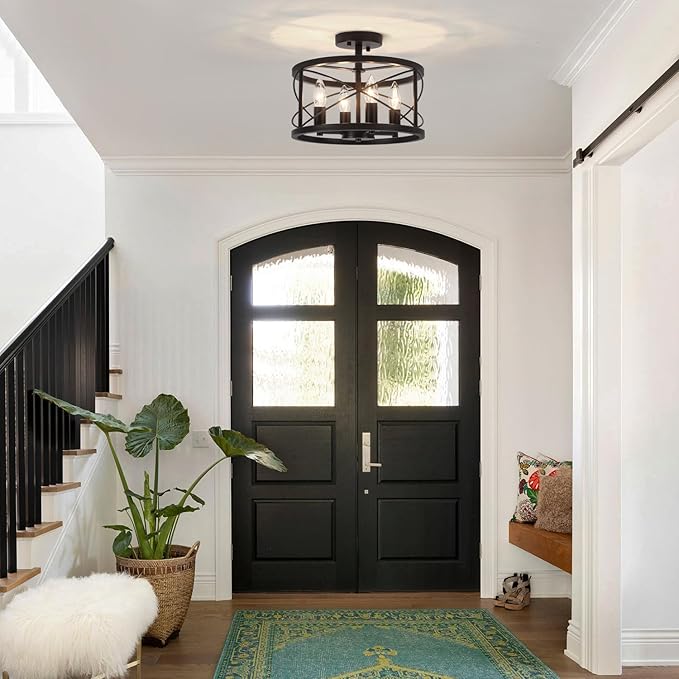 Black Semi Flush Mount Ceiling Light, 4-Light Farmhouse Modern Ceiling Light Fixture, Hallway Light Fixtures, Kitchen Lights, Ceiling Lamp for Entryway Bedroom Laundry Dining Room Lighting Fixtures