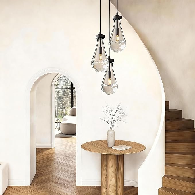 Raindrop Pendant Light Kithcen Island, Raindrop Chandelier Black Teardrop Pendant Lights with Adjustable Hanging Rope,Glass Pendant Light for Dining Room,Corridor (3-Light),Bulb Included