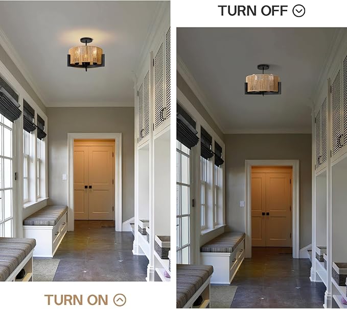 Boho Light Fixture,13.6'' Rattan Ceiling Lights,3-Light Coastal Semi Flush Mount Ceiling Light Fixture,Farmhouse Chandelier, Nursery Light Fixtures,Flush Mount Lights for Bedroom Entryway