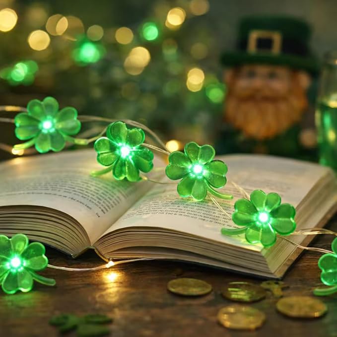 BOHON St Patricks Day Decorations Shamrocks String Lights 13 ft 40 LEDs | Battery Operated Lucky Clover Green Lights for St Patrick's Day Accessories Office the Home Saint St. Patrick's Day Decor