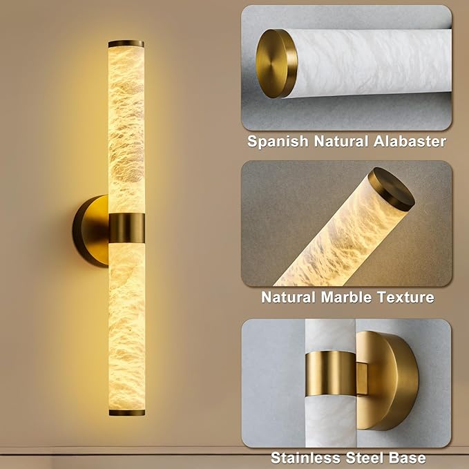Alabaster Wall Sconces, 24" Brass Wall Sconce, Cylinder Natural Spanish Marble Sconces Wall Lighting, Modern Gold Dimmable Wall Lights for Living Room Bedroom Bathroom Stairs Hallway Entryway