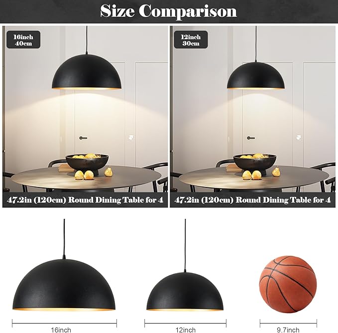 16 Inch Industrial Pendant Lighting for Kitchen Island, Black and Gold Metal Dome Pendant Light Fixtures, Hemispherical Hanging Ceiling Light E26 Base for Reading Dining Room Foyer Cafe, 2 Pack