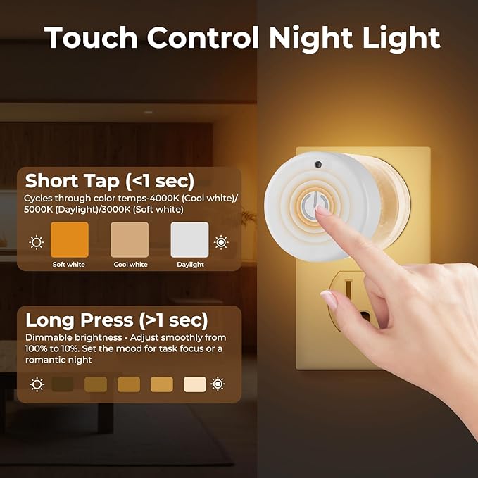 TSEXES 2 Pack LED Night Light Plug into Wall 3000K/4000k/5000K Adjustable Color Temperature Night Light,Touch Control Nightlight Dimmable,Built in Dusk to Dawn Sensor for Bathroom Hallway Kitchen