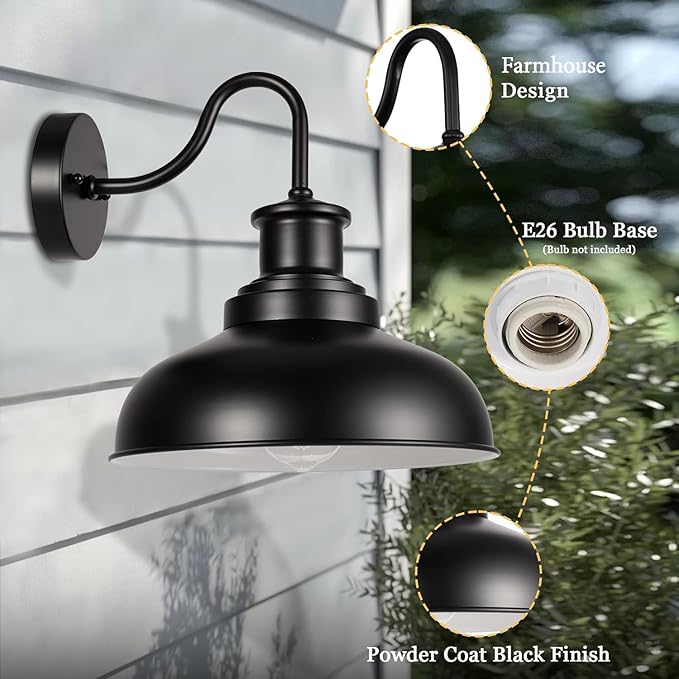 Outdoor Barn Light Outdoor Wall Sconce Farmhouse Exterior Wall Mount Light Vintage Outside Lighting Fixture Industrial Black White Lantern for Porch, Entryway, Garage, 1 Pack