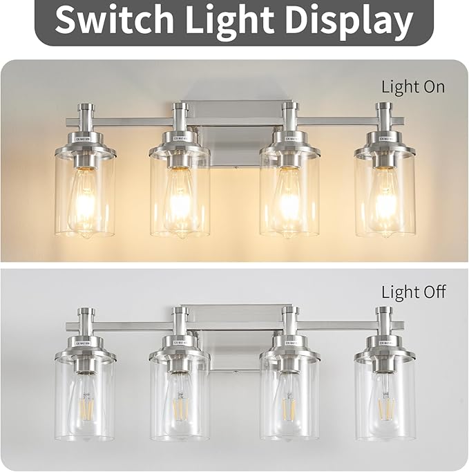 Brushed Nickel 4-Light Bathroom Vanity Light Fixtures Over Mirror, Modern Wall Sconce with Clear Glass Shade for Hallway, 23.6"x7.0"x9.4"