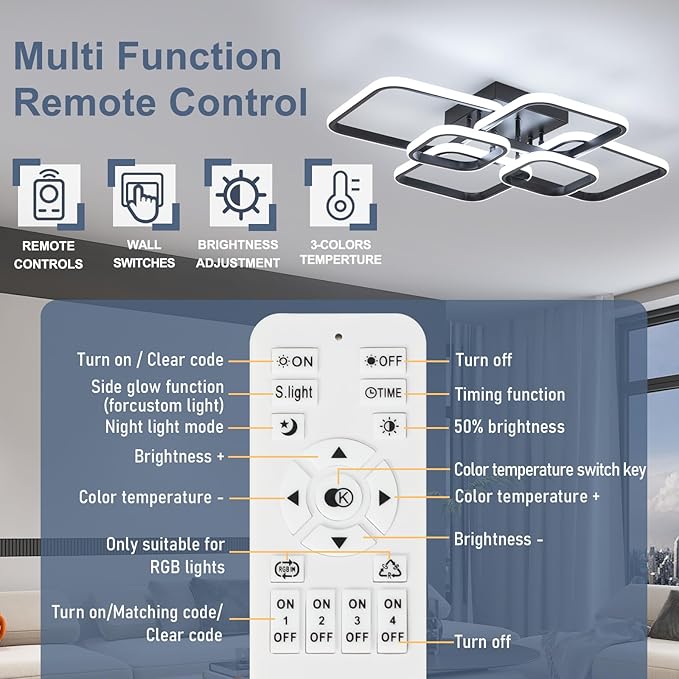 31.5" Modern LED Ceiling Light 6-Square Dimmable Ceiling Light Fixtures with Remote 3000K-6000K Black Close to Ceilings Lamp 60W for Living Room, Bedroom