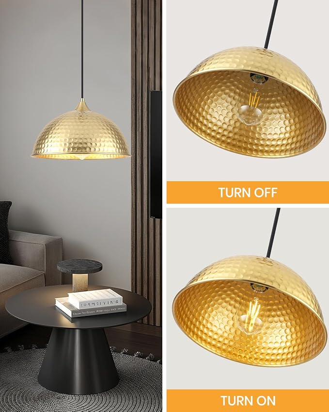Gold Pendant Lights Kitchen Island 12 Inch, Vintage Hammered Pendant Light Fixtures Adjustable Height Dome Pendant Light for Dining Room Bedroom Bar