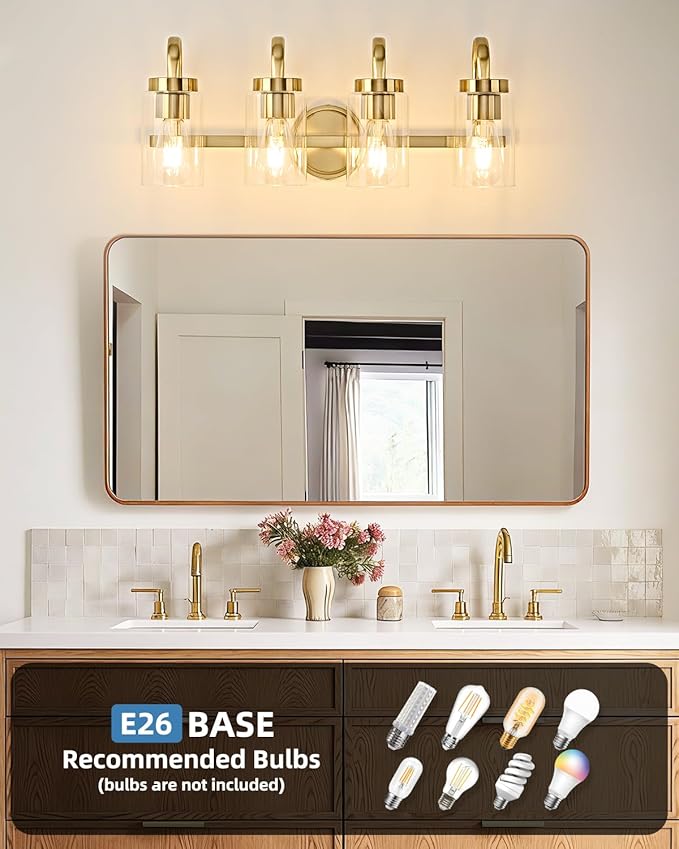 4 Light Bathroom Vanity Light, Gold Vanity Lights for Bathroom, Modern Light Fixtures Over Mirror with Clear Glass Shade, Wall Sconce Lighting for Bedroom