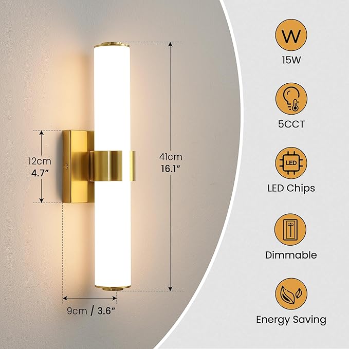 AIJIASI Gold Bathroom Light Fixtures - 16 Inch Modern Vanity Light 15W 5CCT Dimmable LED Bathroom Sconce with Acrylic Shade, Indoor Vanity Lighting Fixtures Over Mirror