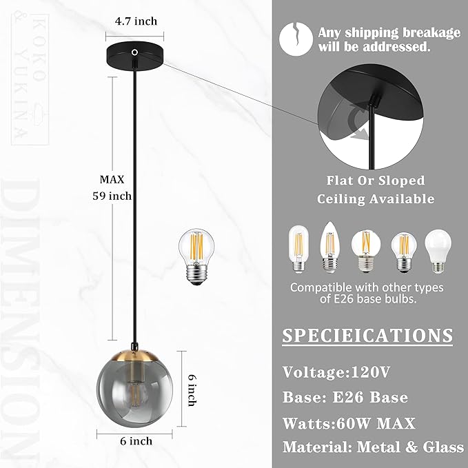 KoKo&Yukina 6 Inch Globe Pendant Light Gold Globe Pendant Lights Kitchen Island Mid Century Light Fixture with Grey Glass Shade for Dining Room
