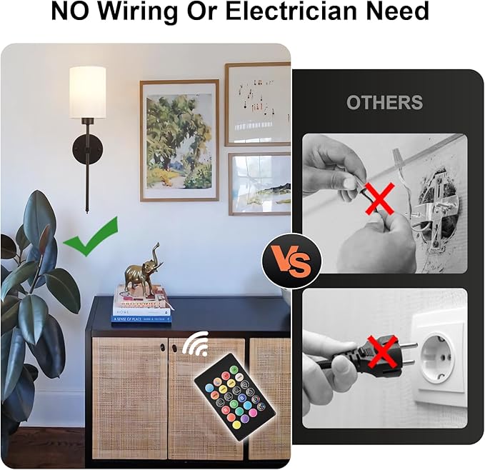 Battery Operated Wall Sconces Set of Two,Wireless Rechargeable Wall Light With Remote Control, Dimmable, Amber Light/Warm White/Natural White/Daylight/RGB, Timer,for Living Room,Bedroom,Entryway,Black