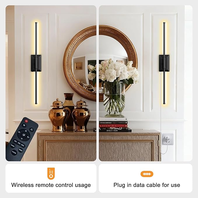 Battery Operated Wireless Wall Sconce - Modern Rechargeable Led Sconces in Black Gold Silver - Bedroom Decor Lights Set of 2 - Long Indoor Living Room Bathroom Remote Wall Light