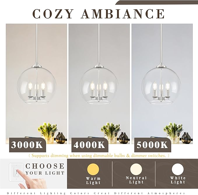 12" Globe Pendant Lights Kitchen Island Glass Globe Pendant Light Fixture Bedroom Mid Century Modern Pendant Lighting Nickel Pendant Light for Kitchen Island Dinning Room (Bulb Incl.)