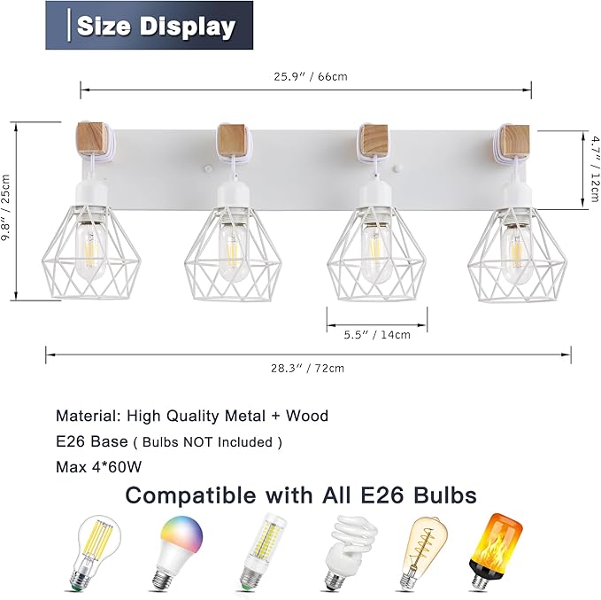 White Bathroom Vanity Light Fixtures, 4-Light Wood Bathroom Light Fixtures Over Mirror, Rustic Sconces Wall Lighting with Elegant Metal Lampshade for Living Room, Bedroom, Hallway