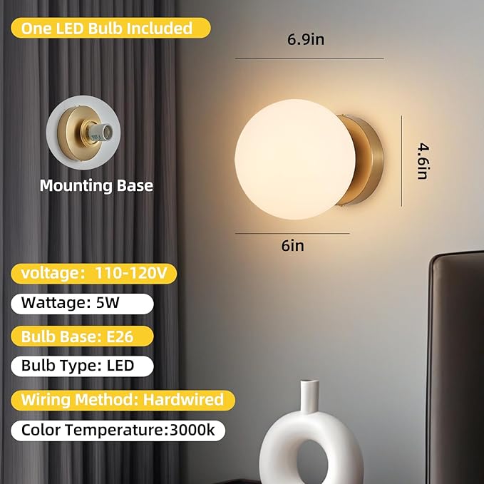 6" Modern Globe Wall Sconces, Mid Century Gold Aged Brass Wall Mounted Lamp with Globe Shade, Indoor Wall Light Fixture Ceiling Light for Bedroom Living Room Hallway Stairway.