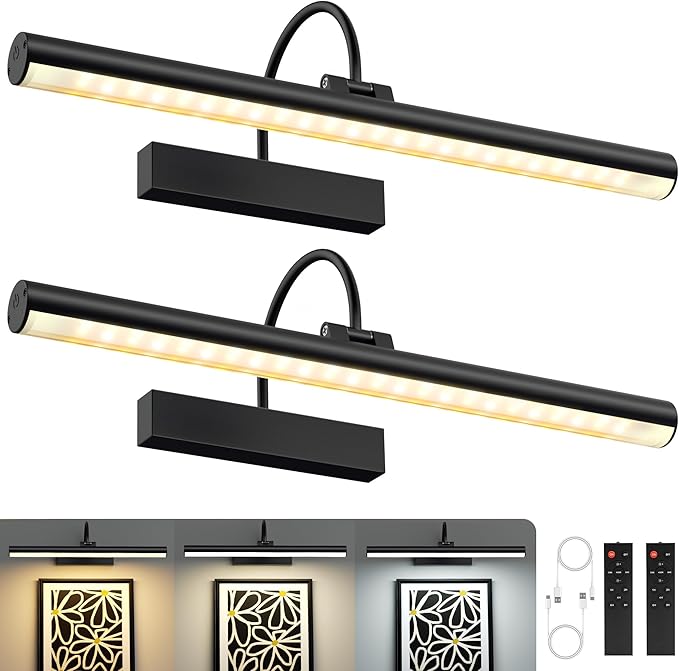 VOLISUN Picture Lights for Wall, 16 inch Rechargable Picture Light Battery Operated, 3 Color Temperatures Cordless Picture Light with Remote, Art Light for Paintings, Gallery, Portrait, 2 Pack (Black)