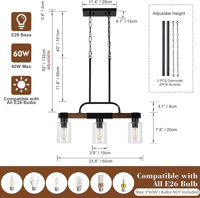 Farmhouse Dining Room Light Fixtures Over Table，Rustic Ceiling Pendant Lights Kitchen Island，3-Light Wood Kitchen Island Lighting Linear Chandelier with Clear Glass lampshade