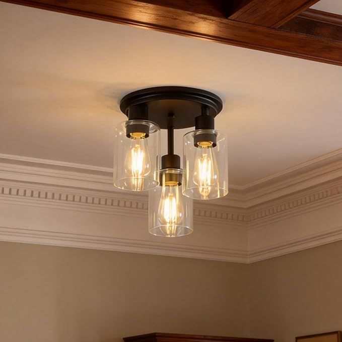 ROTTOGOON Semi Flush Mount Ceiling Light, Close to Ceiling Lights Fixtures, 3 Light Kitchen Ceiling Lights Fixtures with Glass Shades, Hallway Light Fixtures Ceiling Mount for Foyer, Black