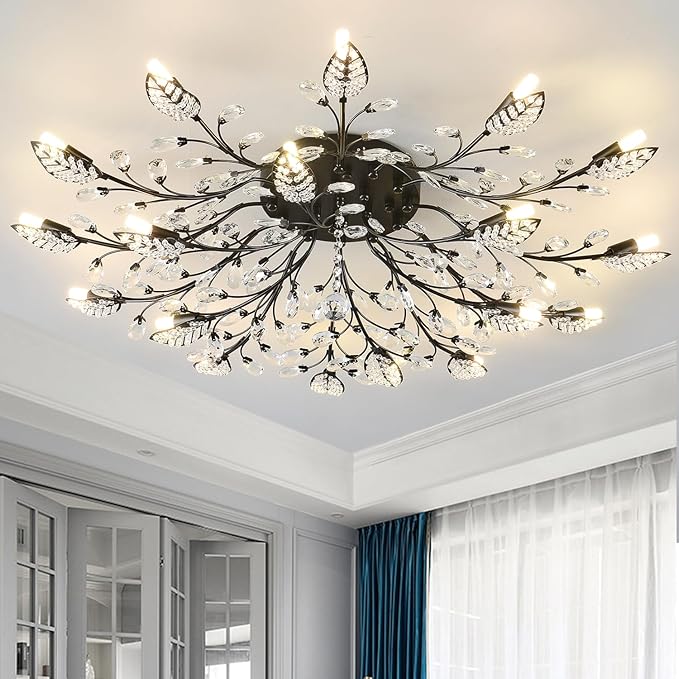 Semi Flush Mount Ceiling Light Fixtures Black Crystal Leaves Chandeliers Lighting for Bedroom Living Room Dining Room Kitchen Hallway Foyer