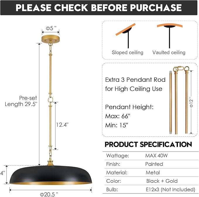 Large Pendant Light 20in Black and Gold Dome Pendant Lights 3 Light Socket Pendant Light Fixture with Adjustable Pendant Lighting for Kitchen Island Dining Room Kitchen Sink, E12