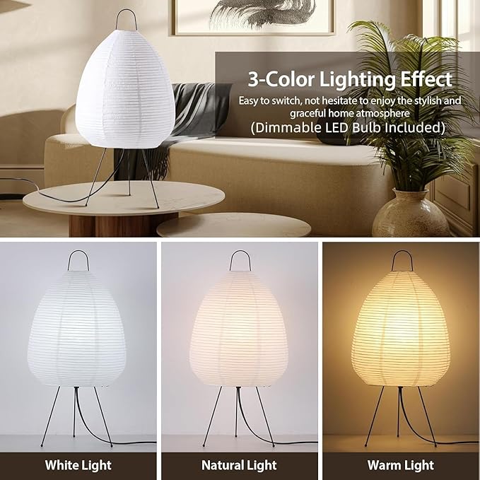 Rice Paper Lamp, Japanese Paper Lantern for Bedroom/Table/Office Soft Light, Noguchi Lamp for Wabi-Sabi Decor, Paper Table Lamp with Bulb