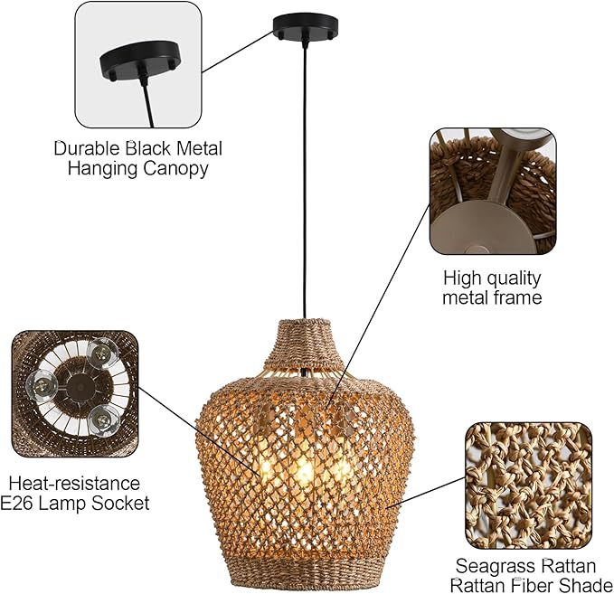 18.9" Rattan Pendant Light Fixtures,Boho Rattan Pendant Light,3-Light Hand Woven Seagrass Chandelier for Workplace Occasions Restaurants Dining Living Bedroom Kitchen Farmhouse