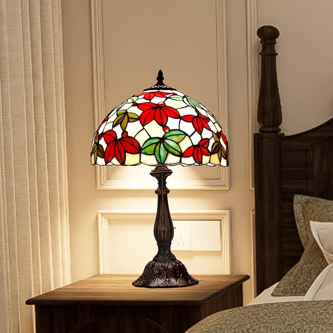 Tiffany Style Stained Glass Table Lamp, Maple Leaf Desk Light with Antique Bronze Resin Base, Multicolor Reading Lighting for Bedroom, Living Room, Office 12”X12“X19 (Maple-White)