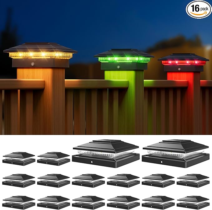 APONUO Solar Post Cap Lights Color Changing - RGB 8 Solid & Gradient Colors, IP65 Waterproof, for 4x4 5x5 6x6 Wood Vinyl Fences, Deck, Patio, Yard, Black, 16 Pack