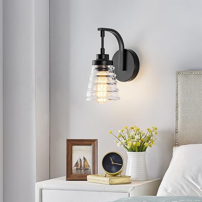 Modern Black Wall Sconce Light, 1-Light Bathroom Vanity Light with Clear Glass Shade for Mirror, Indoor Wall Mounted Fixture for Bedroom, Hallway, Entryway