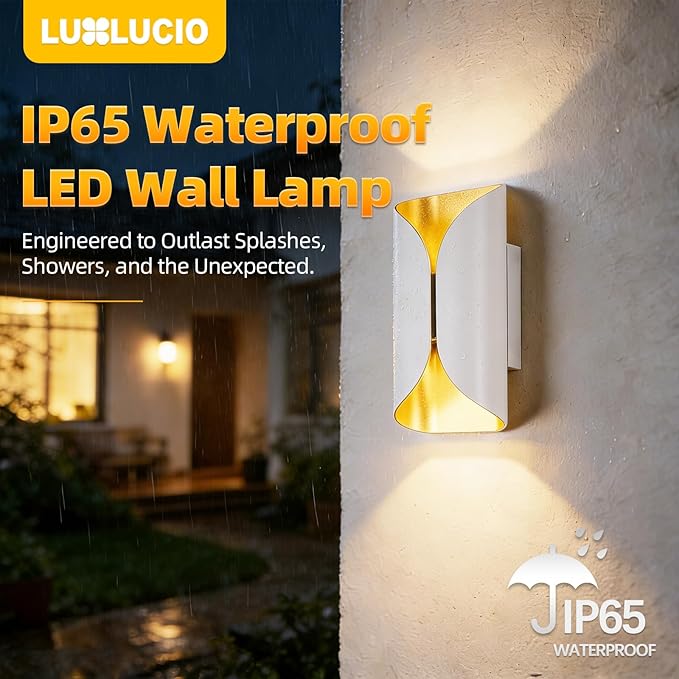 2 Pack Outdoor Indoor White&Gold Modern up and Down LED Porch Living Room Wall Light, IP65 Waterproof, 1200LM, 120V, CRI90+, 2700K 3000K 3500K 4000K 5000K Selectable, 5-100% Dimmable, ETL